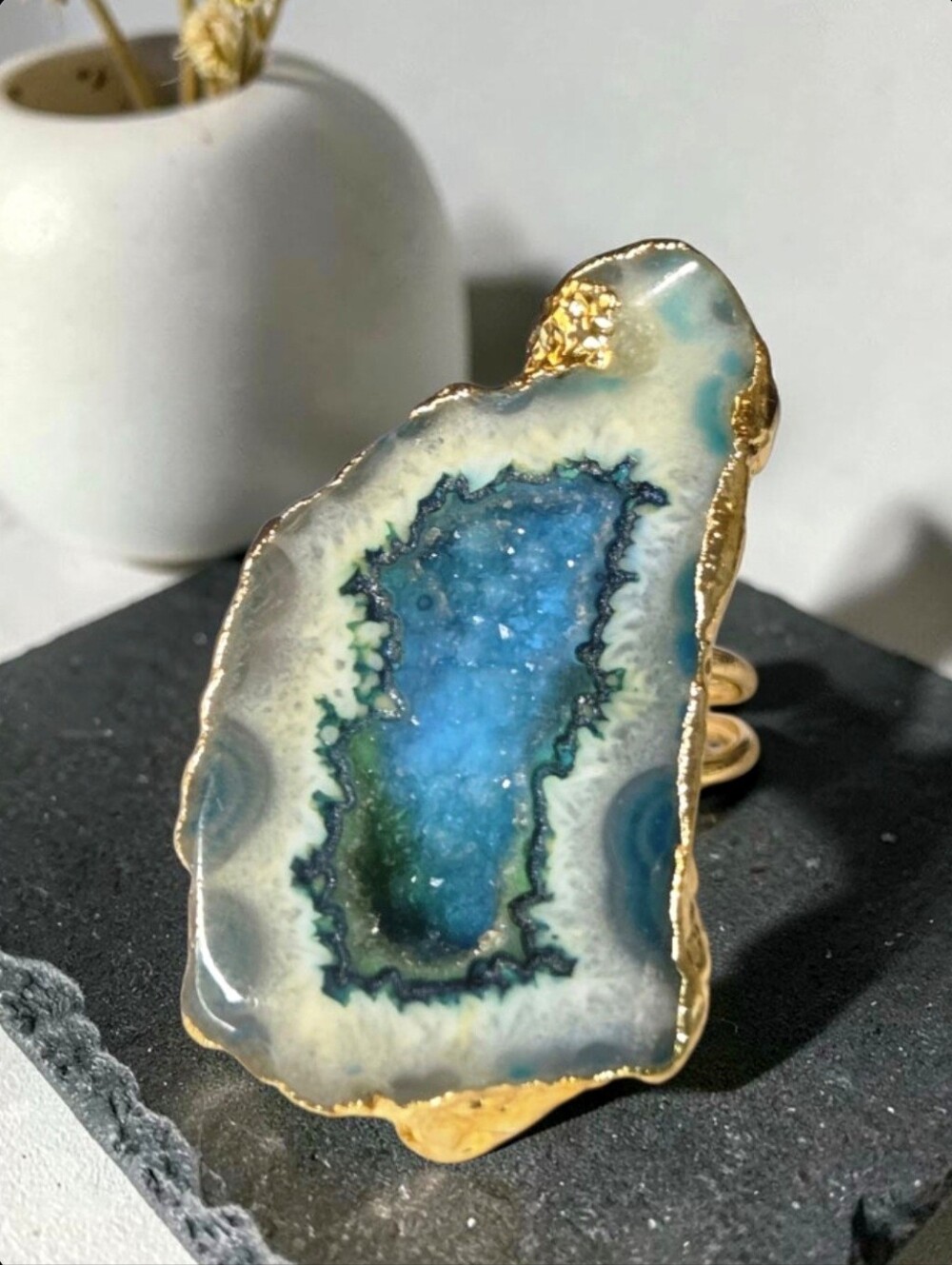 Insane 18k Gold Plated Artisan Chunky Agate Geode Sugar Druzy Statement Ring